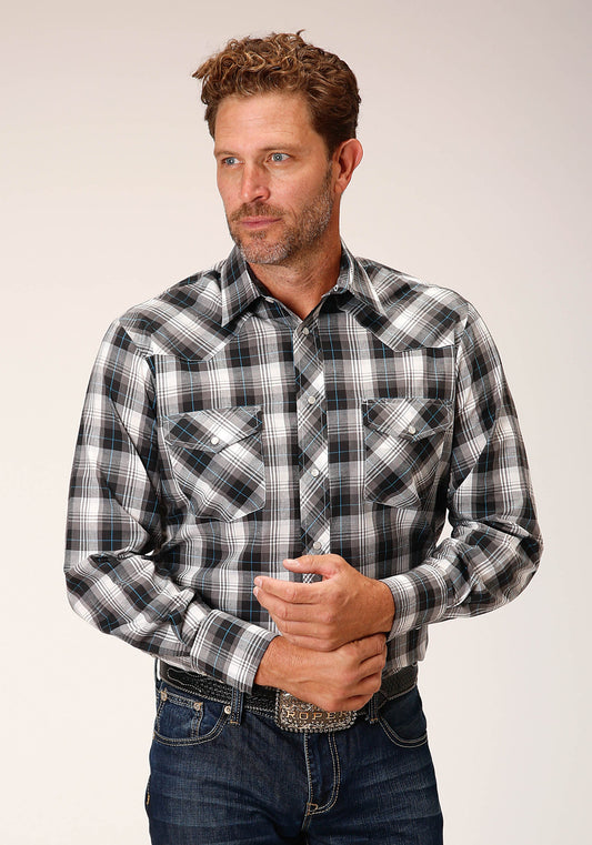 Roper Mens Long Sleeve Snap White Black Grey Plaid Western Shirt