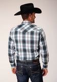 Roper Mens Long Sleeve Snap Peacock Blue Brown Black White Plaid Western Shirt - Flyclothing LLC