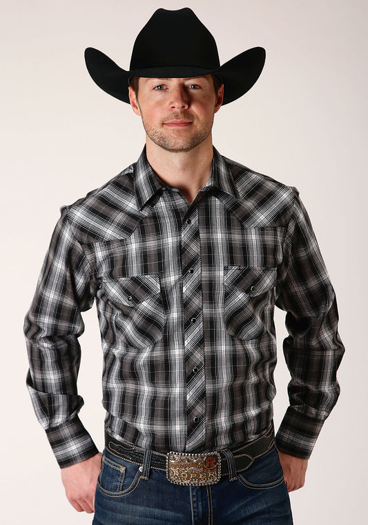 Roper Mens Long Sleeve Snap Black And White Plaid Western Shirt