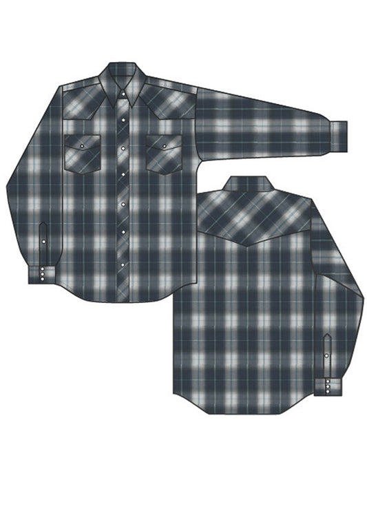 Roper Mens Long Sleeve Snap Navy Grey Ltblue Lg Scale Plaid Western Shirt