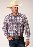 Roper Mens Long Sleeve Snap Wine Navy White Plaid Western Shirt