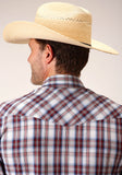 Roper Mens Long Sleeve Snap Wine Navy White Plaid Western Shirt - Flyclothing LLC