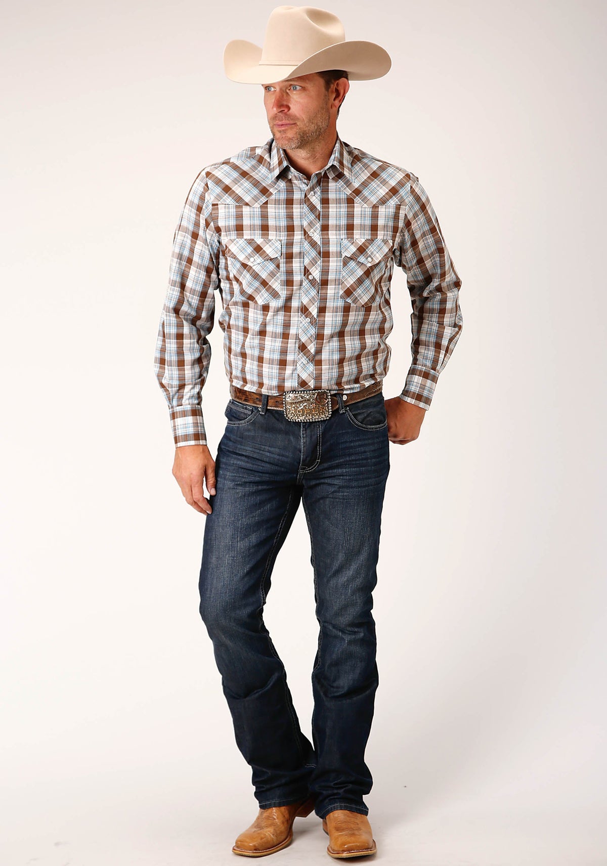 Roper Mens Long Sleeve Snap Brown Blue And White Plaid Western Shirt - Flyclothing LLC