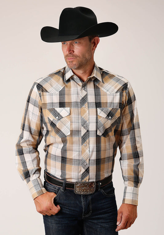 Roper Mens Long Sleeve Snap Black Khaki White Plaid Western Shirt