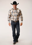 Roper Mens Long Sleeve Snap Black Khaki White Plaid Western Shirt - Flyclothing LLC