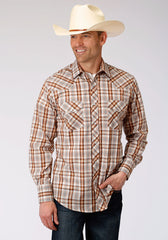 Roper Mens Brown Rust And Cream Plaid Long Sleeve Snap Western Shirt