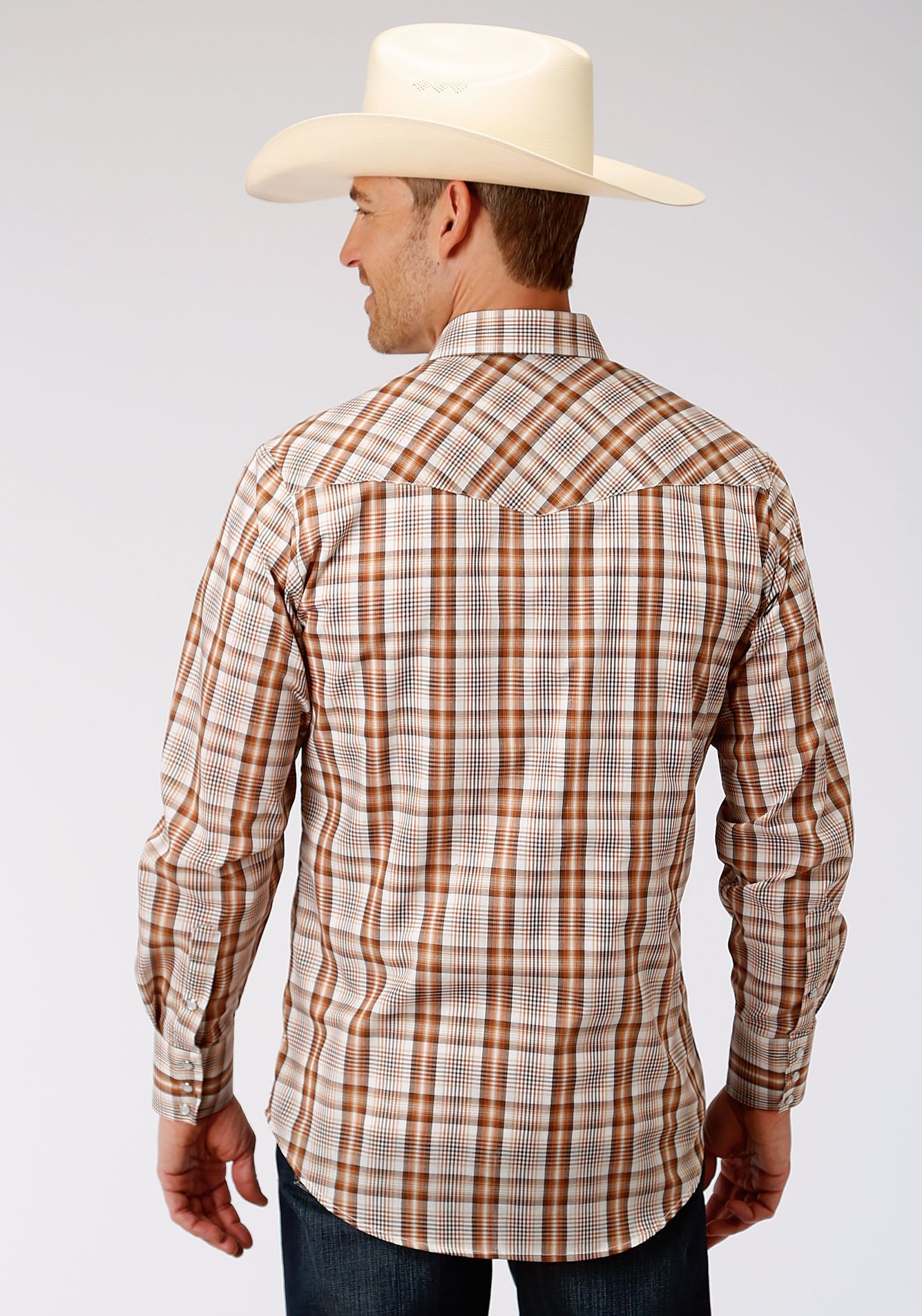 Roper Mens Brown Rust And Cream Plaid Long Sleeve Snap Western Shirt - Flyclothing LLC