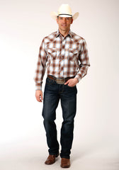 Roper Mens Long Sleeve Snap Butterscotch Light Blue And Cream Plaid Western Shirt - Flyclothing LLC