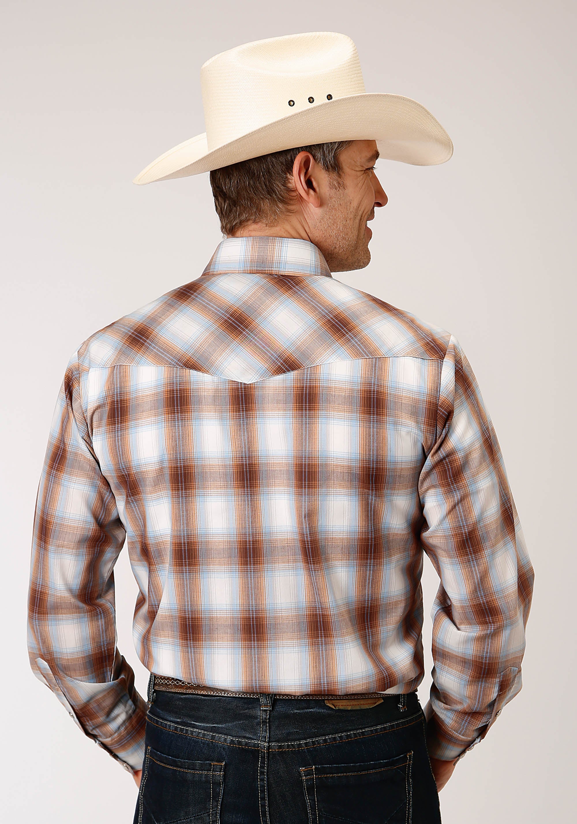 Roper Mens Long Sleeve Snap Butterscotch Light Blue And Cream Plaid Western Shirt - Flyclothing LLC