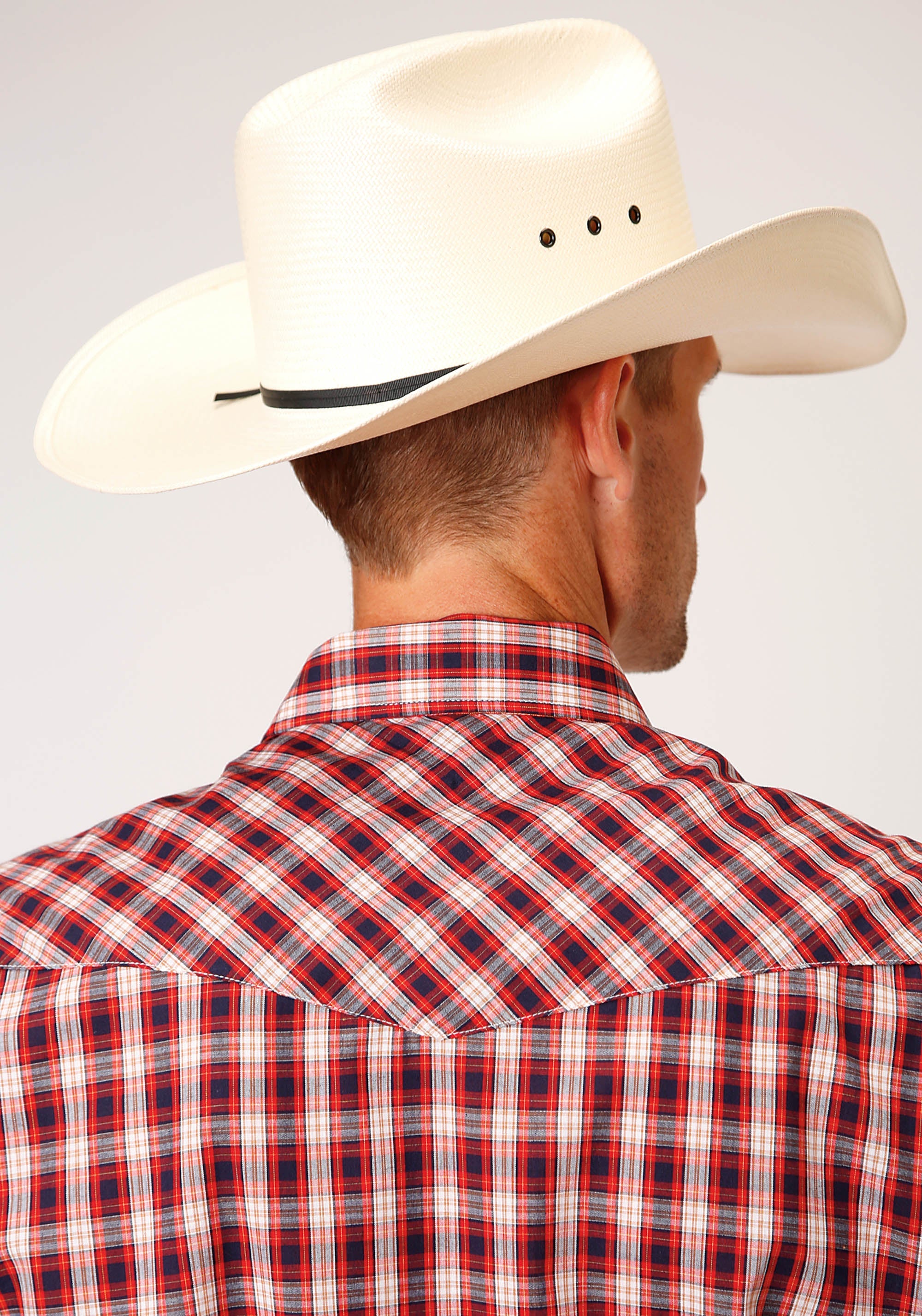 Roper Mens Long Sleeve Snap Red Navy Cream Small Scale Plaid Western Shirt - Flyclothing LLC