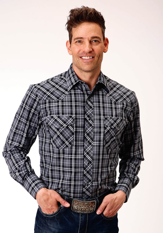 Roper Mens Long Sleeve Snap Grey Black And White Plaid Western Shirt