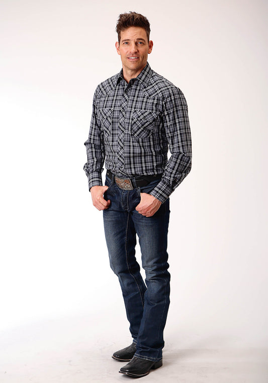 Roper Mens Long Sleeve Snap Grey Black And White Plaid Western Shirt - Flyclothing LLC