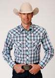 Roper Mens Long Sleeve Snap Aqua Blue Wine White Plaid Western Shirt