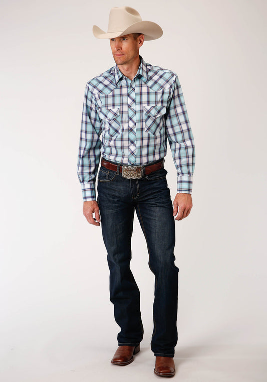 Roper Mens Long Sleeve Snap Aqua Blue Wine White Plaid Western Shirt - Flyclothing LLC