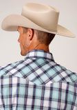 Roper Mens Long Sleeve Snap Aqua Blue Wine White Plaid Western Shirt - Flyclothing LLC