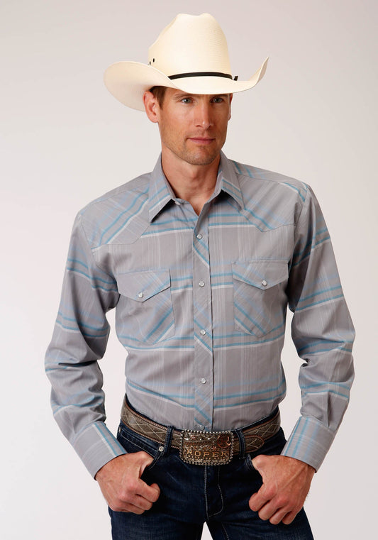 Roper Mens Grey White And Blue Plaid Long Sleeve Snap Western Shirt