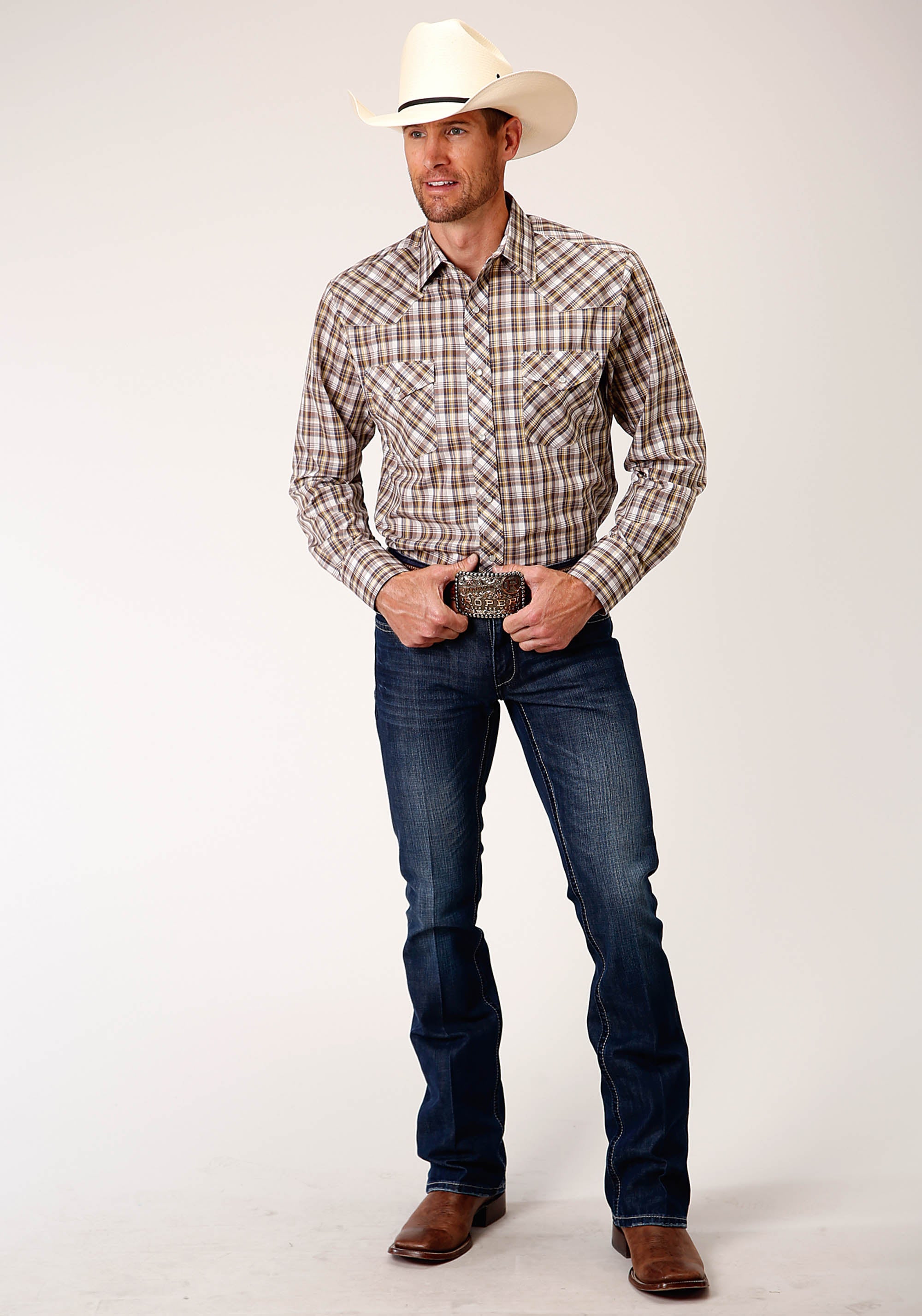 Roper® Mens Khaki and Navy Plaid Long Sleeve Snap Cowboy Shirt