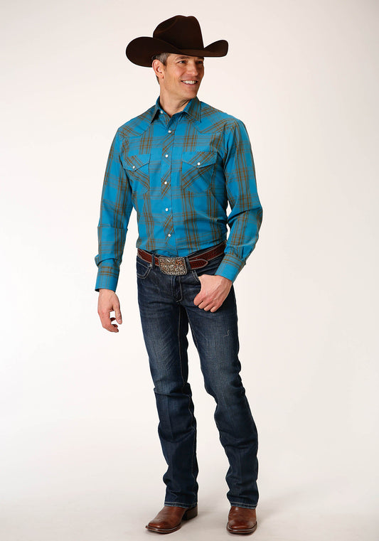 Roper Mens Long Sleeve Snap Peacock Blue And Olive Western Shirt - Flyclothing LLC