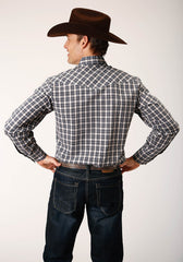 Roper Mens Long Sleeve Snap Navy Cream Tan Small Scale Plaid Western Shirt