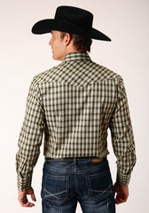Roper Mens Long Sleeve Snap Olive Black Cream Plaid Western Shirt