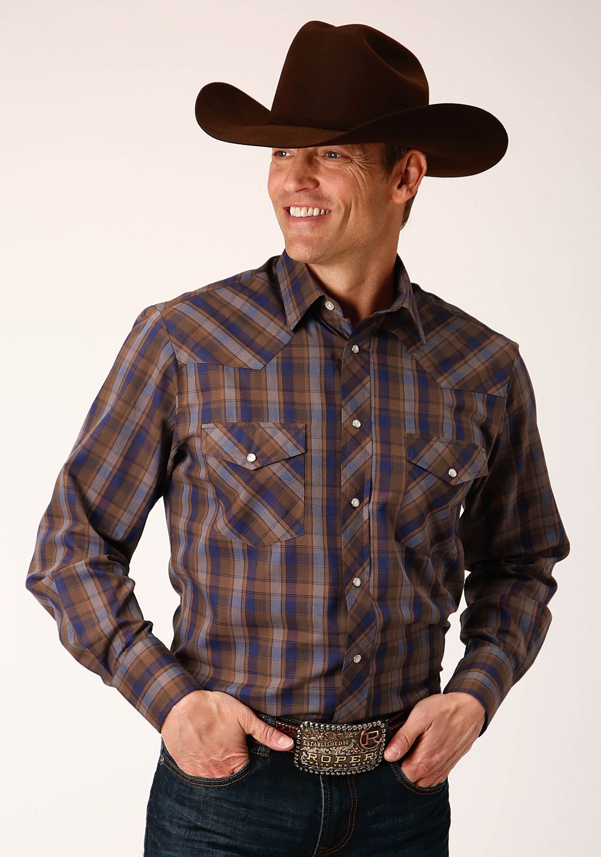 Roper Mens Long Sleeve Snap Blue Camel Brown Plaid Western Shirt