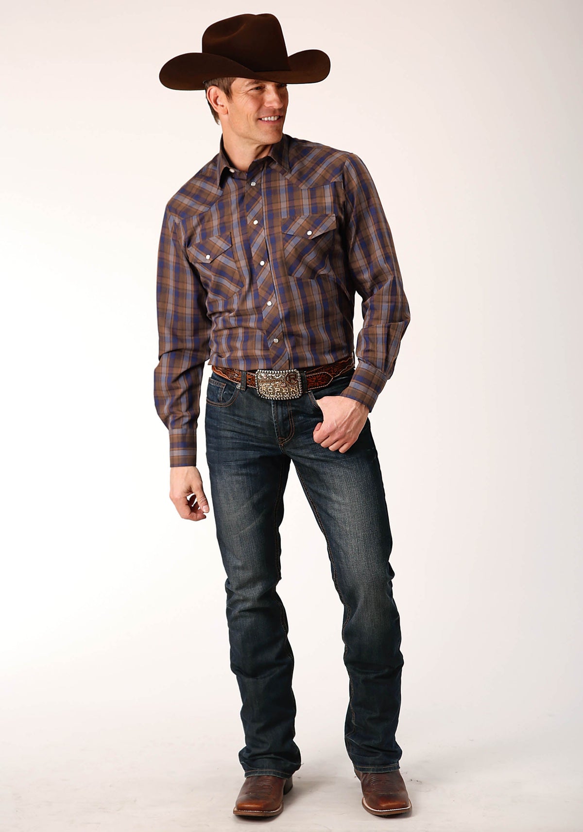 Roper Mens Long Sleeve Snap Blue Camel Brown Plaid Western Shirt - Flyclothing LLC