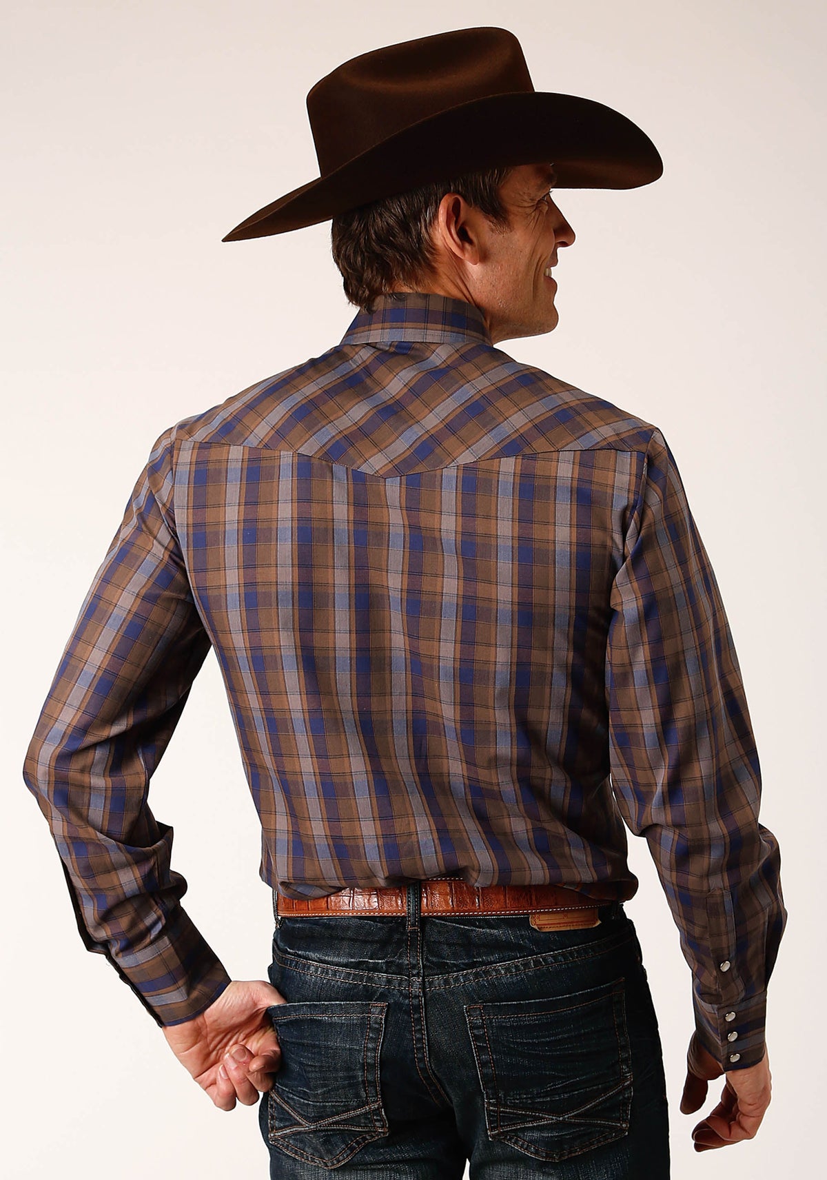 Roper Mens Long Sleeve Snap Blue Camel Brown Plaid Western Shirt - Flyclothing LLC