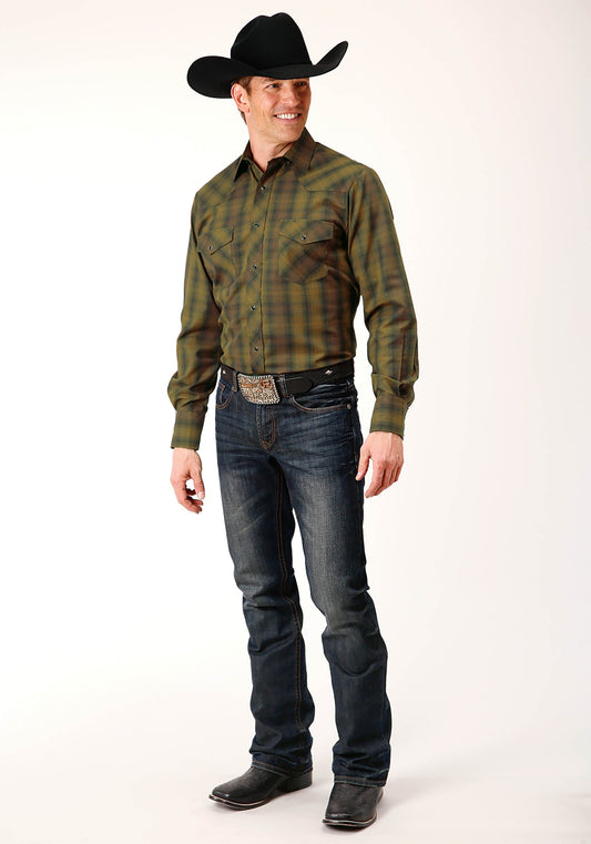 Roper Mens Long Sleeve Snap Black Gold Plaid Western Shirt - Flyclothing LLC