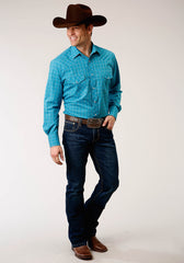 Roper Mens Long Sleeve Snap Turquoise Black And Orange Windowpane Plaid Western Shirt - Flyclothing LLC