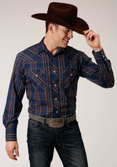 Roper Mens Long Sleeve Snap Navy Wine Brown Green Plaid Western Shirt