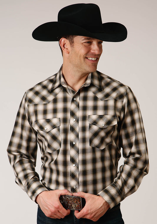 Roper Mens Long Sleeve Snap Black Cream And Olive Plaid Western Shirt