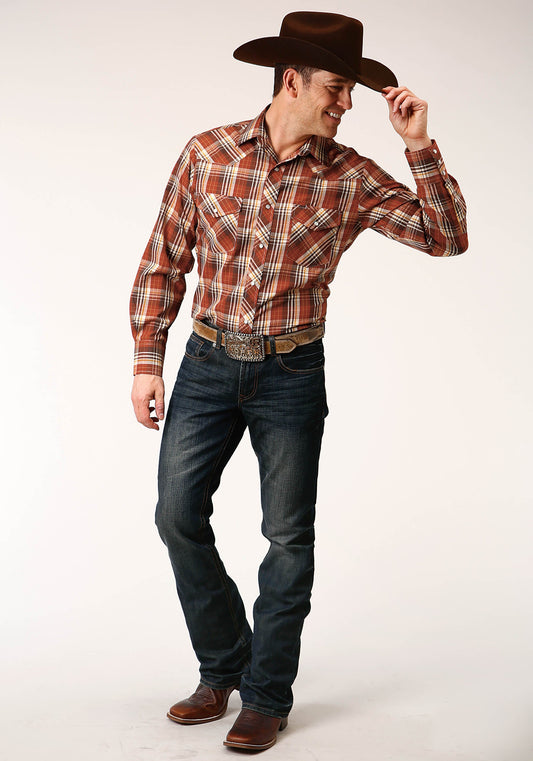 Roper Mens Long Sleeve Snap Rust Brown And Cream Plaid Western Shirt