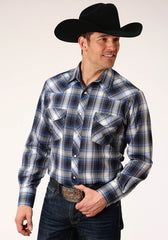 Roper Mens Long Sleeve Snap Navy Royal And White Plaid Western Shirt