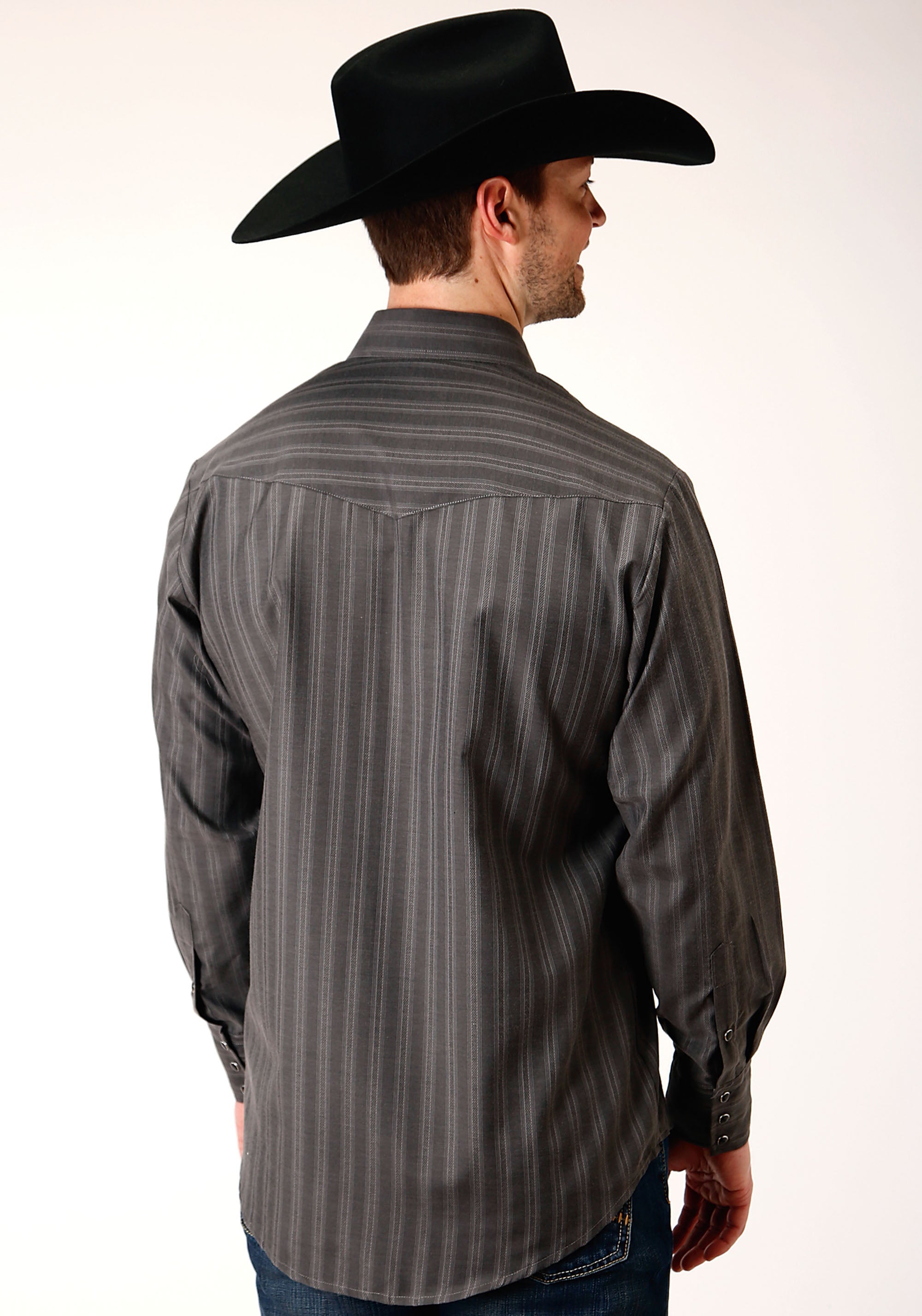 Roper Mens Long Sleeve Snap Charcoal Dobby Stripe Western Shirt - Flyclothing LLC