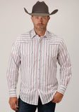 Roper Mens Long Sleeve Snap Navy Red Grey Stripe Western Shirt