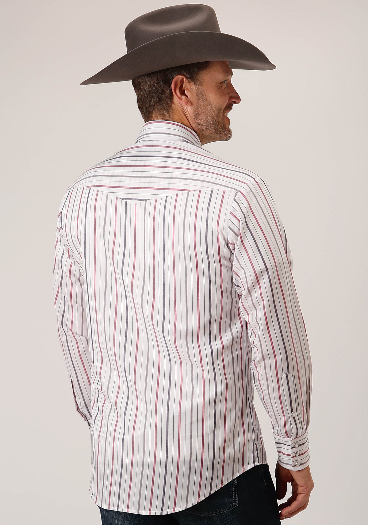 Roper Mens Long Sleeve Snap Navy Red Grey Stripe Western Shirt - Flyclothing LLC