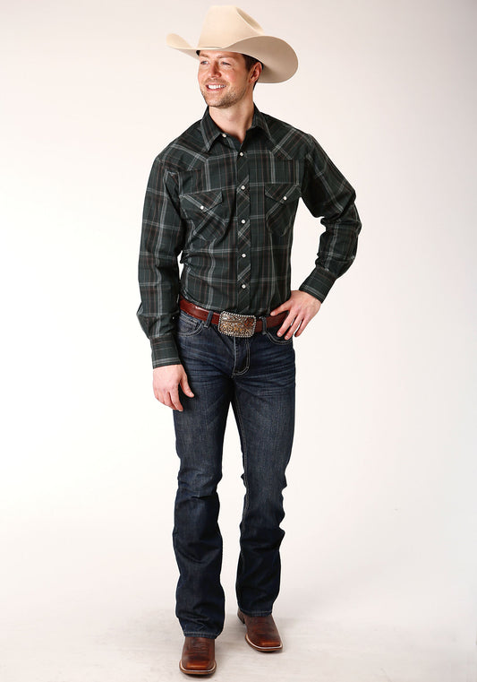 Roper Mens Long Sleeve Snap Forest Green And Navy Plaid Western Shirt Tall Fit - Flyclothing LLC