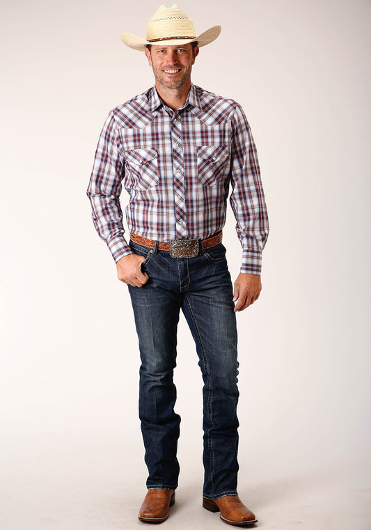 Roper Mens Long Sleeve Snap Wine Navy White Plaid Western Shirt Tall Fit - Flyclothing LLC