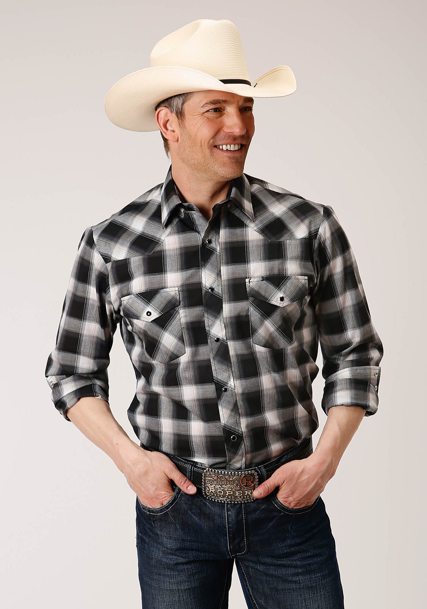 Roper Mens Long Sleeve Snap Black Charcoal And White Plaid Western Shirt Tall Fit