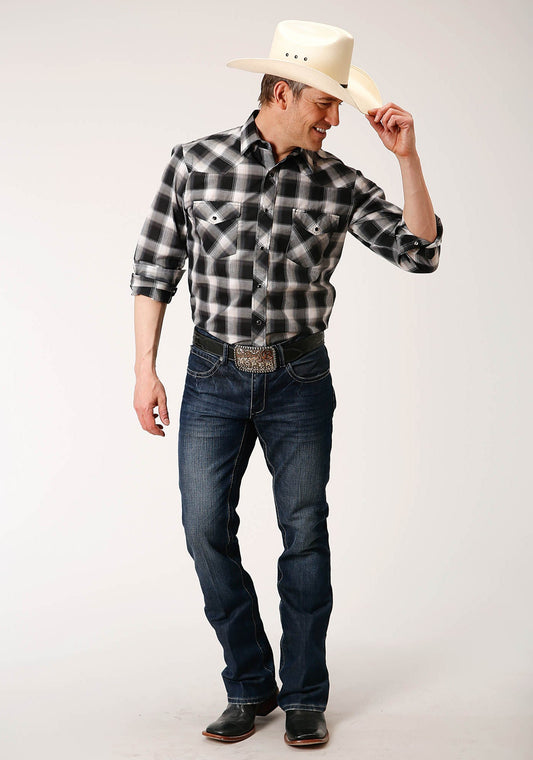 Roper Mens Long Sleeve Snap Black Charcoal And White Plaid Western Shirt Tall Fit - Flyclothing LLC