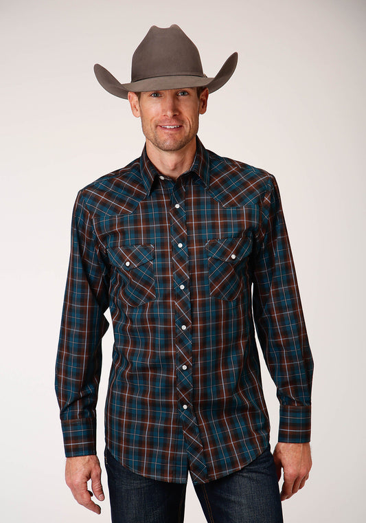 Roper Mens Long Sleeve Snap Brown And Teal Windowpane Plaid Western Shirt Tall Fit