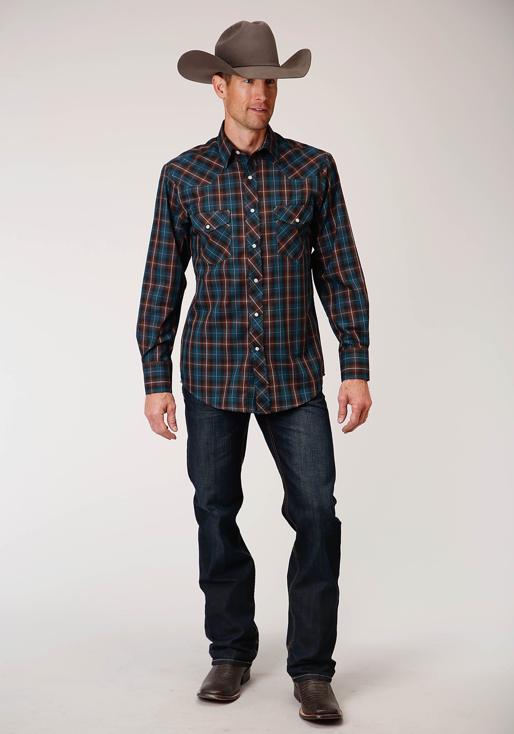 Roper Mens Long Sleeve Snap Brown And Teal Windowpane Plaid Western Shirt Tall Fit - Flyclothing LLC