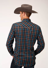 Roper Mens Long Sleeve Snap Brown And Teal Windowpane Plaid Western Shirt Tall Fit - Flyclothing LLC