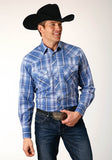 Roper Mens Long Sleeve Snap Blue White Navy Plaid Western Shirt Tall Fit