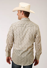 Roper Mens Long Sleeve Snap Cream And Brown Wallpaper Stripe Western Shirt Tall Fit - Flyclothing LLC