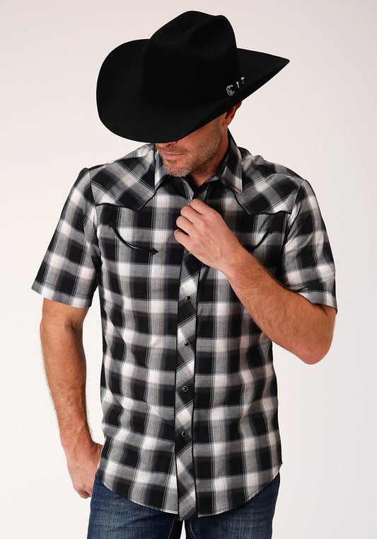 Roper Mens Short Sleeve Snap Black Charcoal And White Plaid Western Shirt - Flyclothing LLC