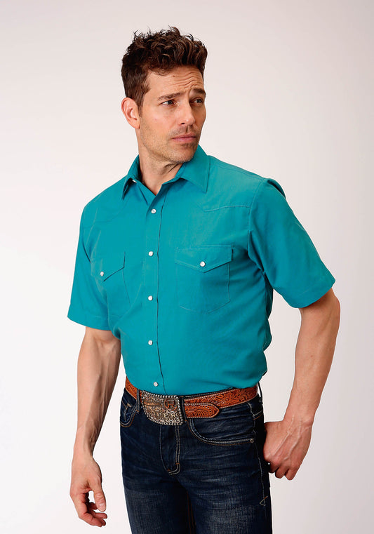 Roper Mens Short Sleeve Snap Solid Broadcloth Teal Western Shirt