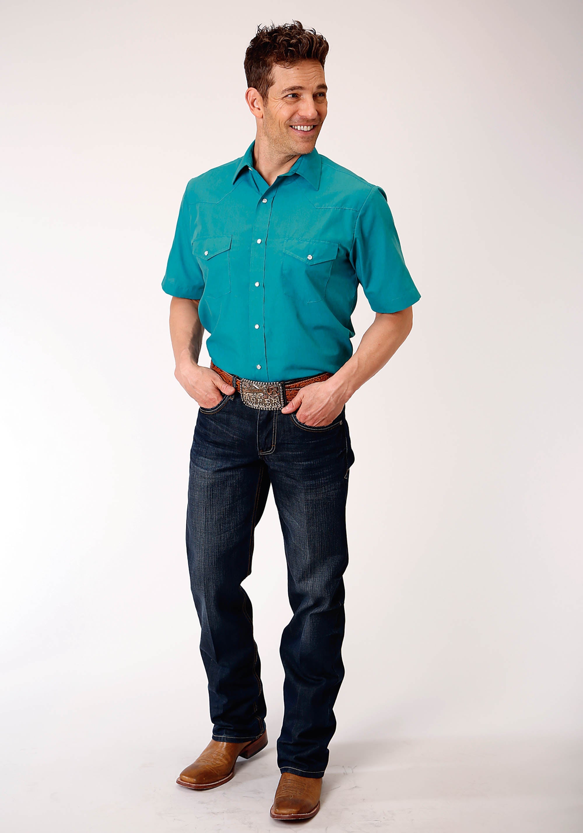 Roper Mens Short Sleeve Snap Solid Broadcloth Teal Western Shirt - Flyclothing LLC