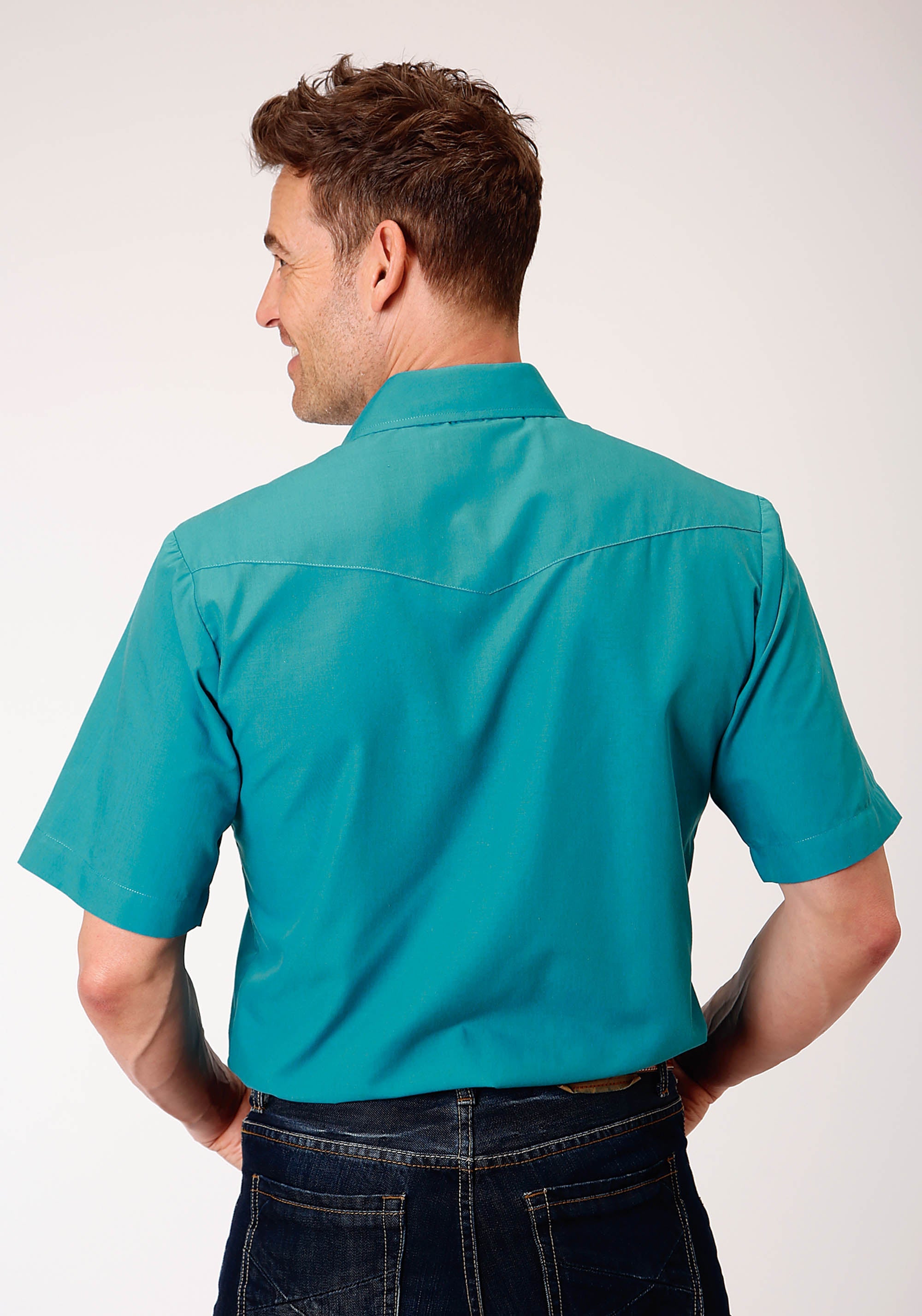 Roper Mens Short Sleeve Snap Solid Broadcloth Teal Western Shirt - Flyclothing LLC