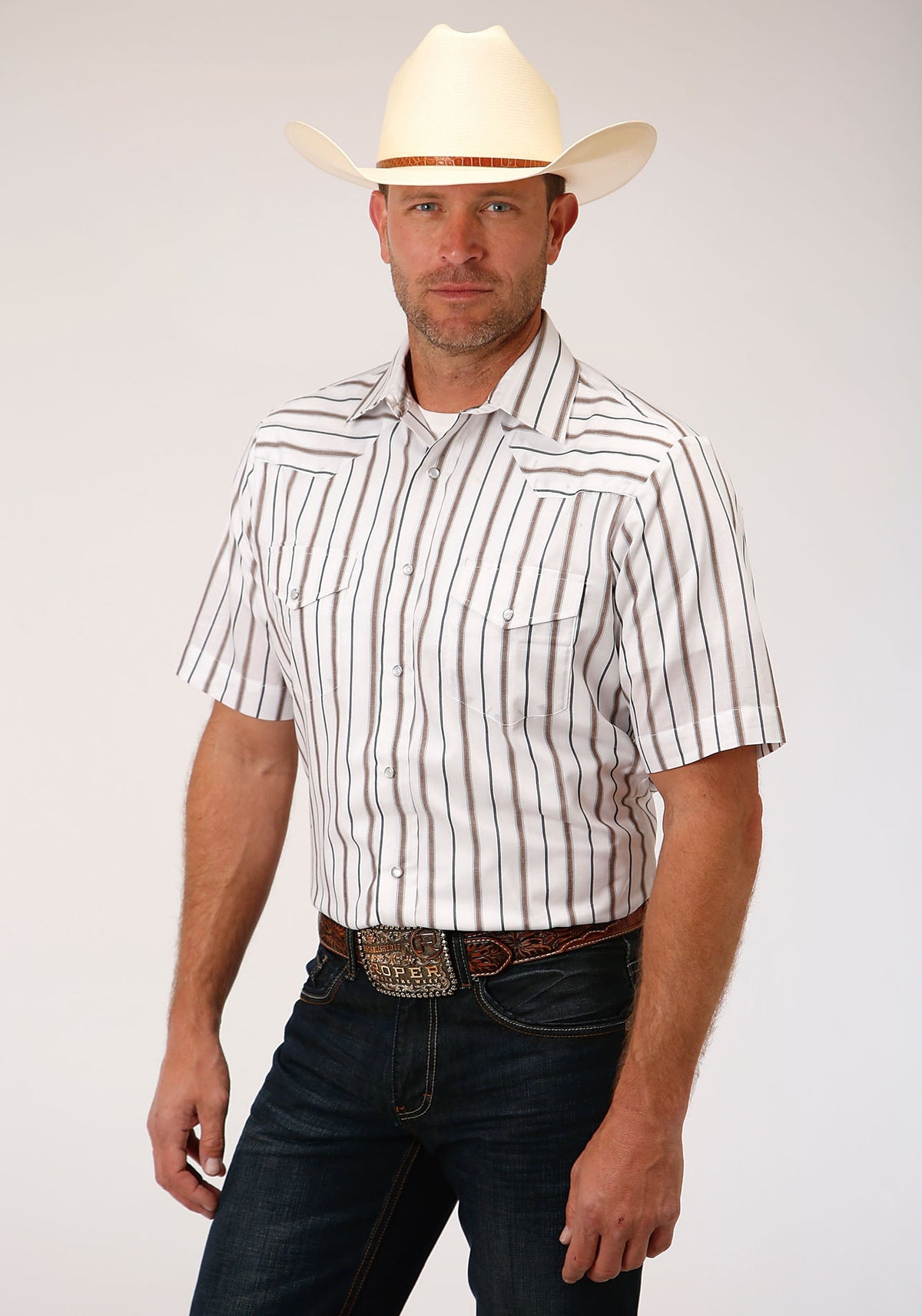 Roper Mens Brown And Grey Wide Stripe Short Sleeve Snap Western Western